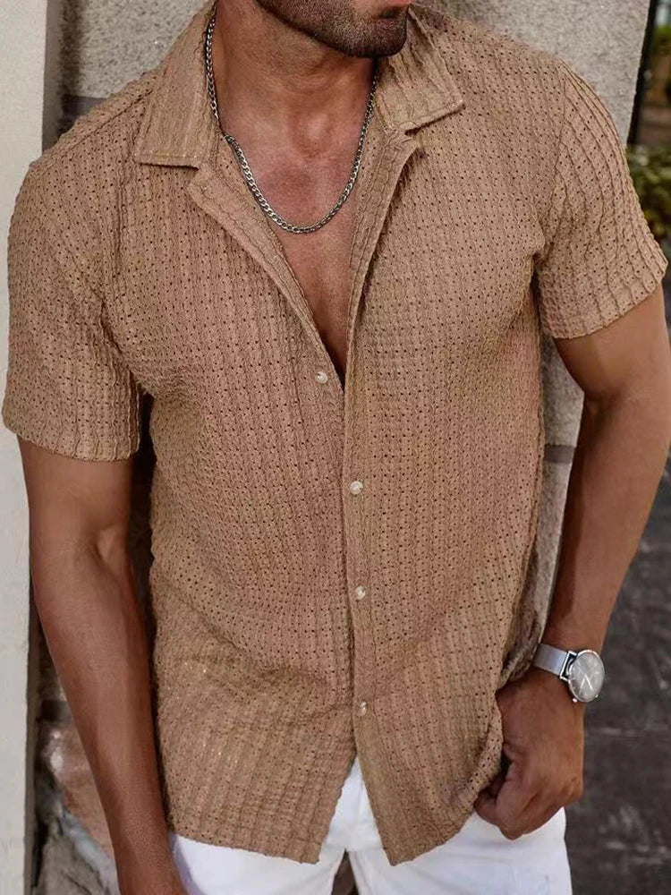 Vintage Mesh Mens Casual Breathable Hollow-Out Shirt