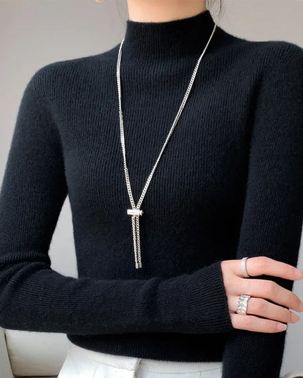 Ribbed Neck Sweater for Women - Fitted Knitted Pullovers