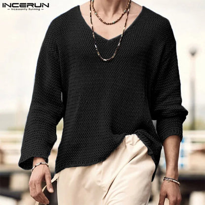 Incerun Men's Knitted V-Neck Long Sleeve Hollow-Out Loose Sweater