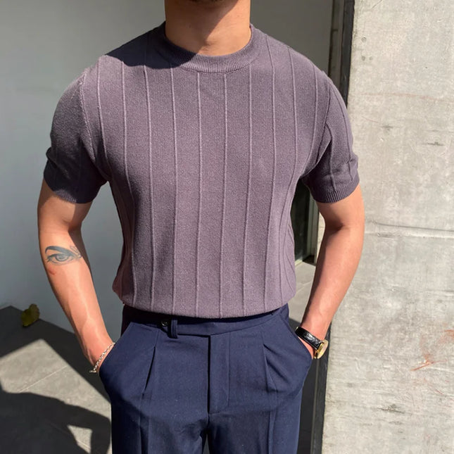 Men's Casual Round Neck Knit T-Shirt with Jacquard Stripe