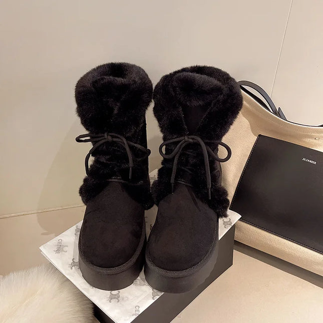 Women's Warm Fur-Lined Lace-Up Fluffy Plush Ankle Boots with Cotton Padding