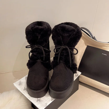 Women's Warm Fur-Lined Lace-Up Fluffy Plush Ankle Boots with Cotton Padding