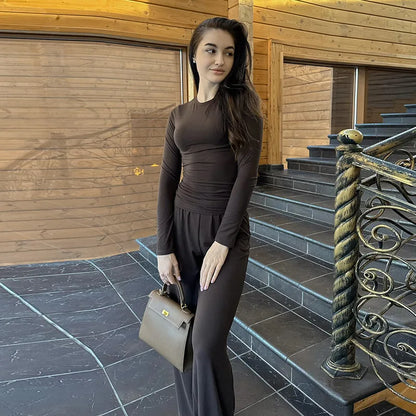 Women's Two-Piece Pleated Casual Sweater Set with Round Neck Long Sleeve Top & High-Waisted Wide Leg Pants
