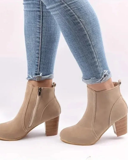 Women's Chunky Heel Ankle Boots with Zip Closure