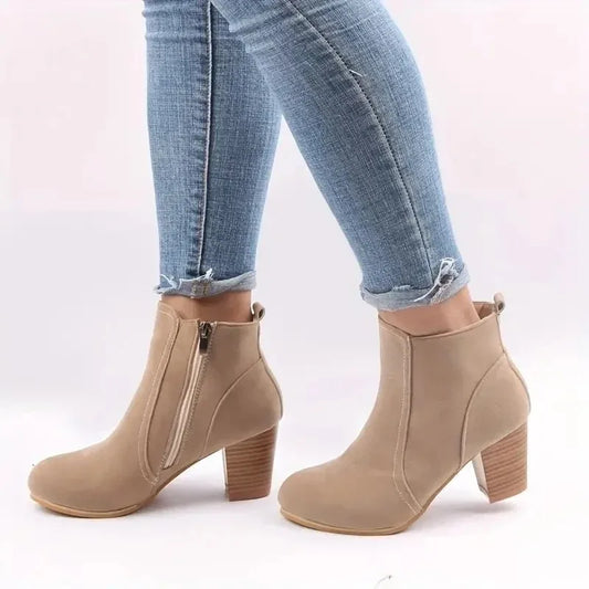 Women's Chunky Heel Ankle Boots with Zip Closure