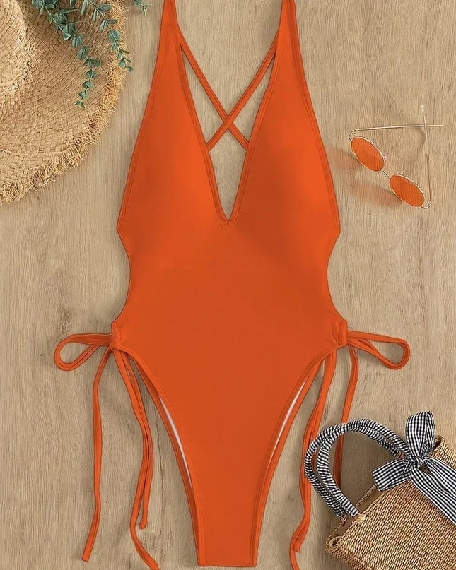 Women's Deep V Neck One-Piece Swimsuit with Hollow Out Design & Pleated Style