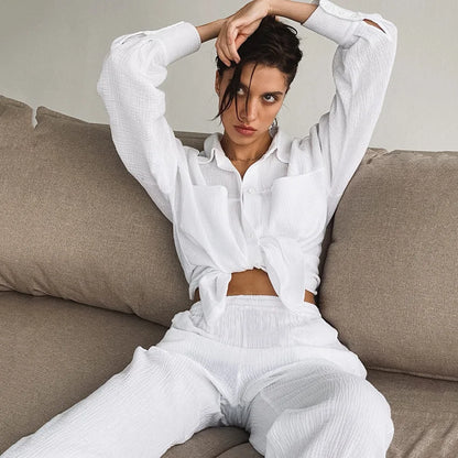 Women's Cotton Two-Piece Long Sleeve Loose Shirt and Pants Set
