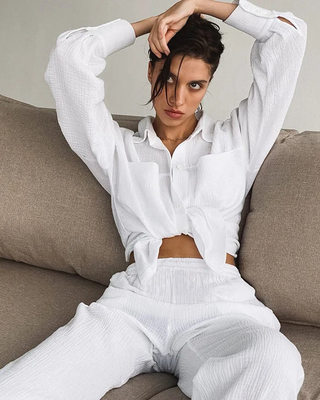 Women's Cotton Two-Piece Long Sleeve Loose Shirt and Pants Set