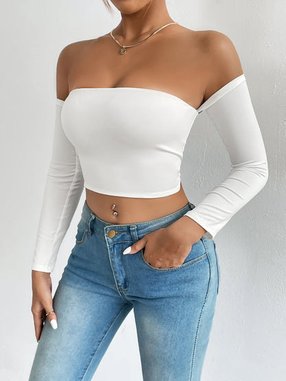 Women's Casual Long Sleeve Off-Shoulder Crop Top