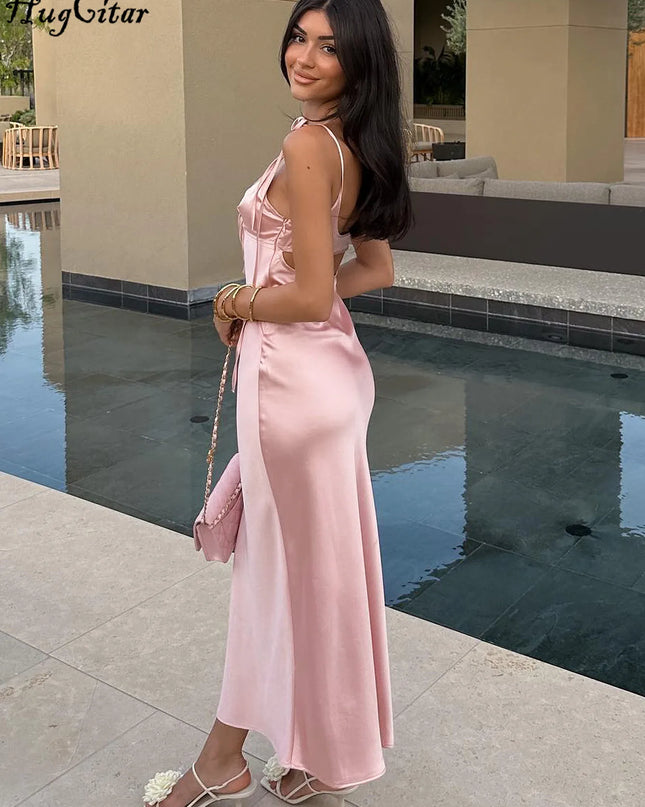 Women's Backless Lace-Up Spaghetti Strap Midi Dress
