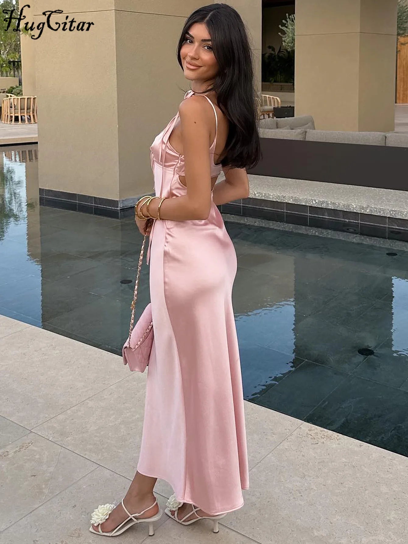 Women's Backless Lace-Up Spaghetti Strap Midi Dress