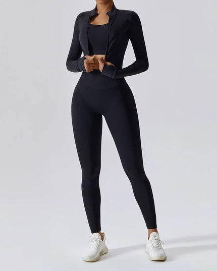 3-Piece Women's Workout Sets | Sportswear Gym Clothing with Zipper Long Sleeve Top & High-Waisted Leggings