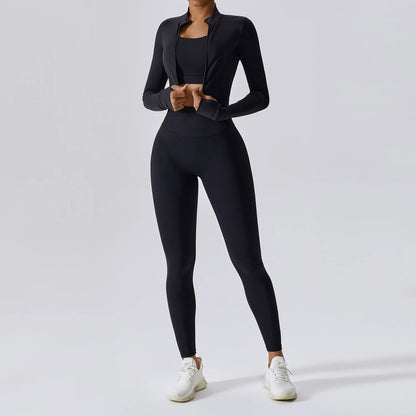 3-Piece Women's Workout Sets | Sportswear Gym Clothing with Zipper Long Sleeve Top & High-Waisted Leggings