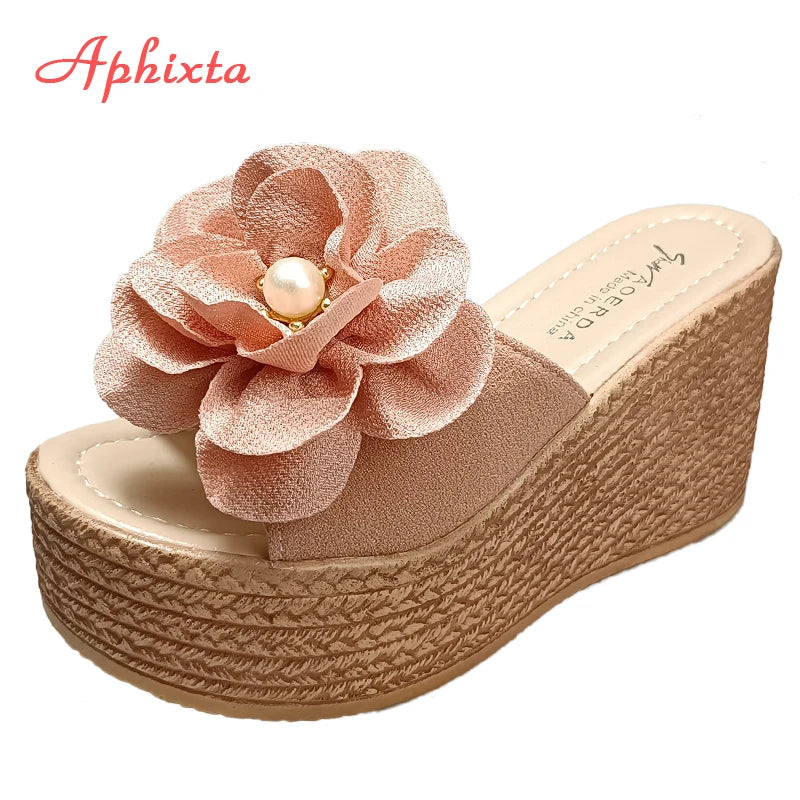 Aphixta Women's 9cm Heels Slides – Pearl & Crystal Embellished Wedge Sandals