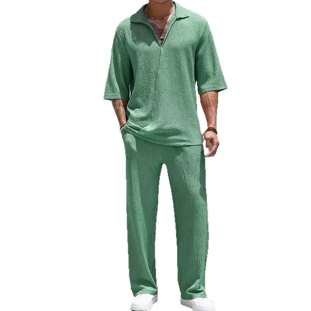 Men's Two-Piece Classic Shirt and Loose-Fit Pants Set.