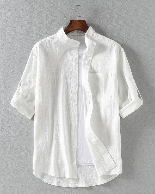 Men's Short-Sleeve Shirt with Stand Collar