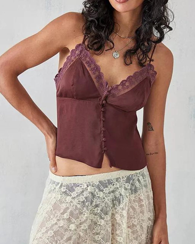 Women's Vintage V-Neck Camisoles with Spaghetti Straps & Button-Down Design