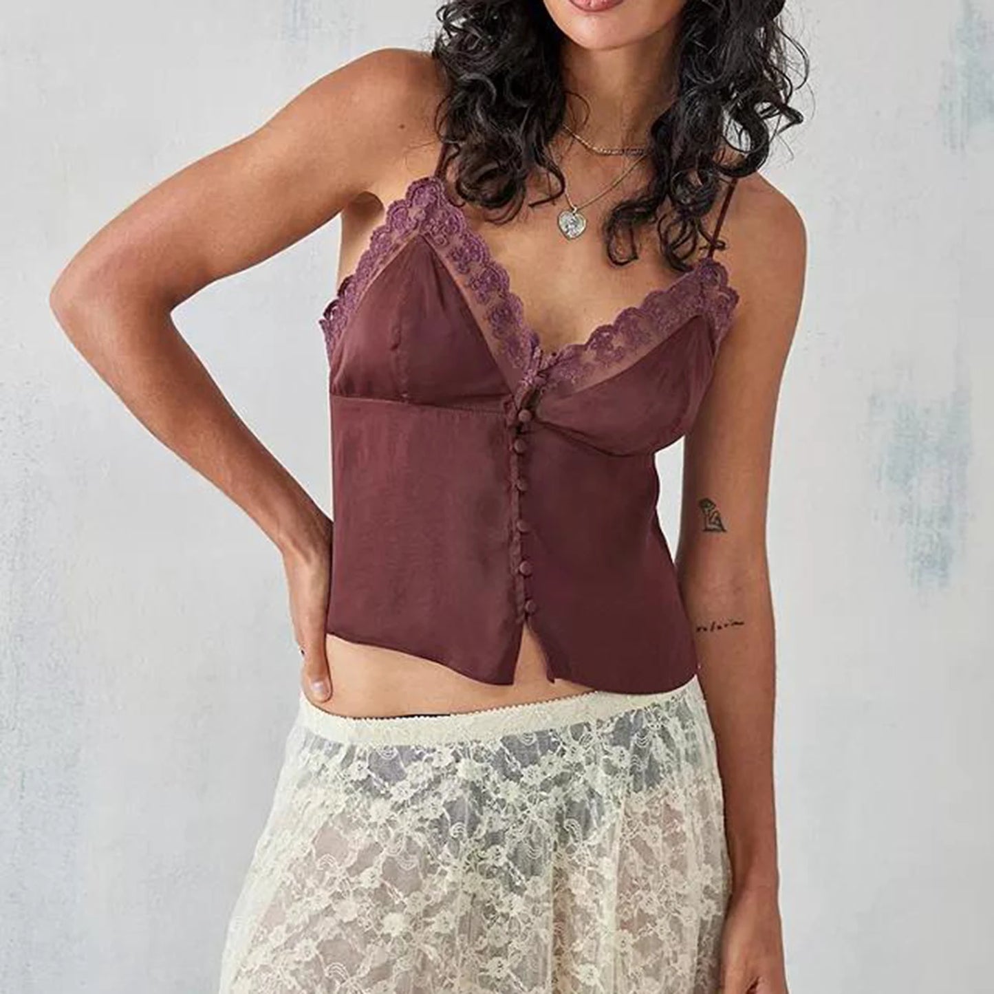 Women's Vintage V-Neck Camisoles with Spaghetti Straps & Button-Down Design