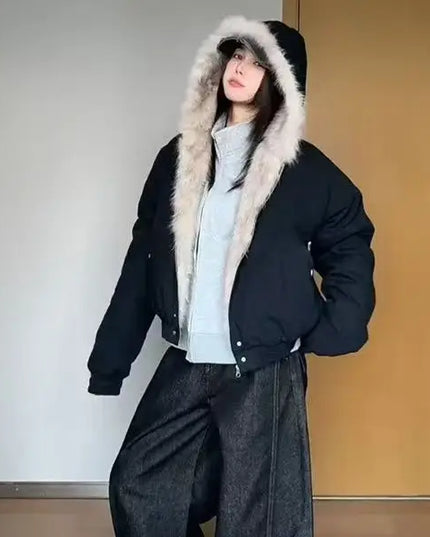 Unisex Wool-Blend Hooded Cotton Jacket with Plush Collar, Thick and Oversized