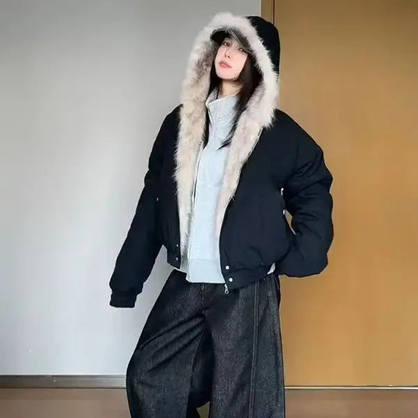 Unisex Wool-Blend Hooded Cotton Jacket with Plush Collar, Thick and Oversized