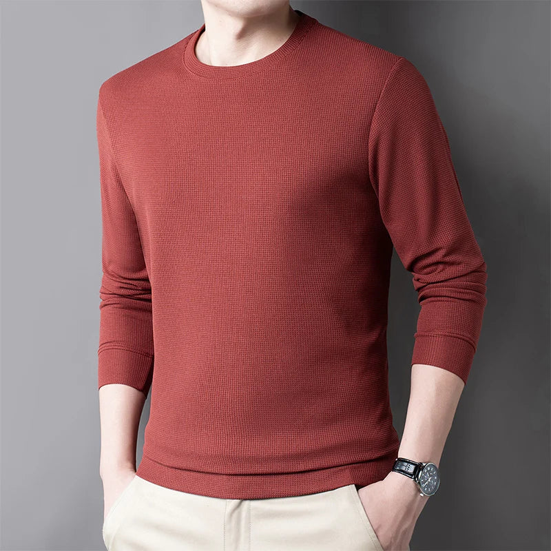 Men's Breathable Long Sleeve Waffle Knit Round Neck Sweater 