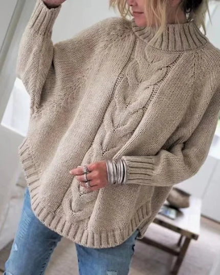 Women's Loose Fit Cable Knit Sweater - High Neck Pullover for Women