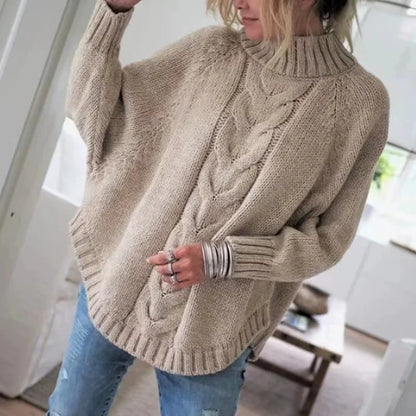 Women's Loose Fit Cable Knit Sweater - High Neck Pullover for Women