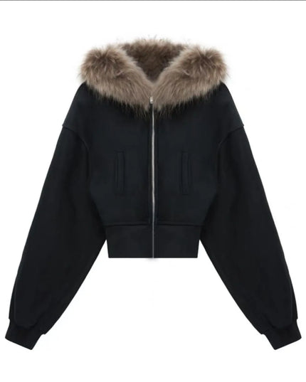 Women's Faux Fur Collar Cropped Zipper Hooded Jacket