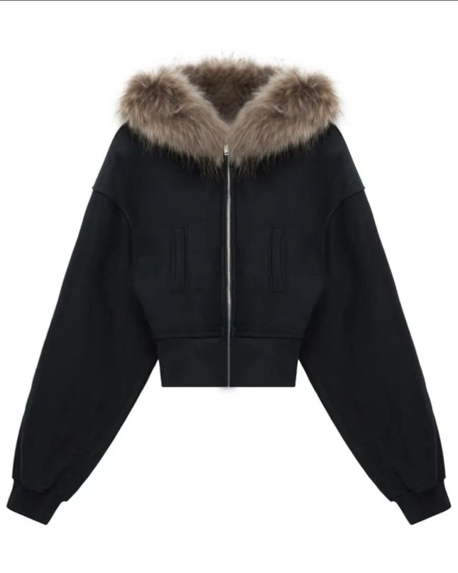 Women's Faux Fur Collar Cropped Zipper Hooded Jacket