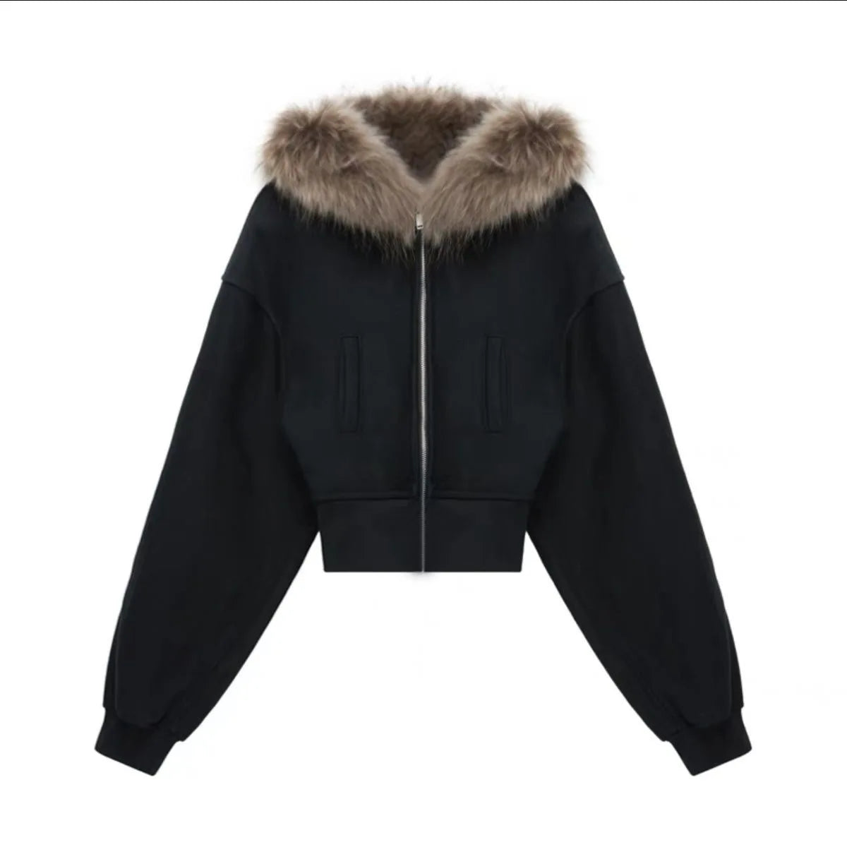 Women's Faux Fur Collar Cropped Zipper Hooded Jacket