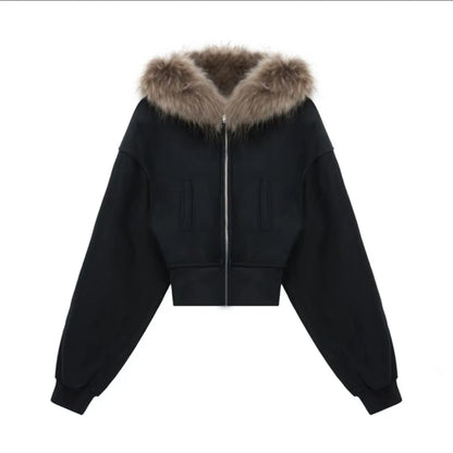 Women's Faux Fur Collar Cropped Zipper Hooded Jacket