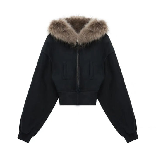 Women's Faux Fur Collar Cropped Zipper Hooded Jacket