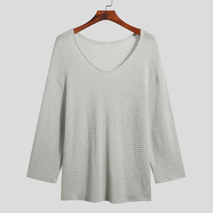Men's Knit V-Neck Long Sleeve Hollow Out Loose Fit Sweater