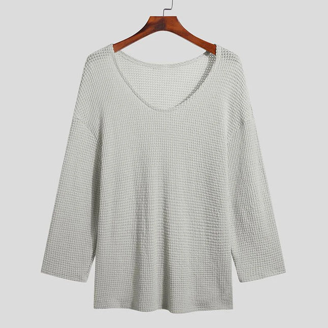 Men's Knit V-Neck Long Sleeve Hollow Out Loose Fit Sweater