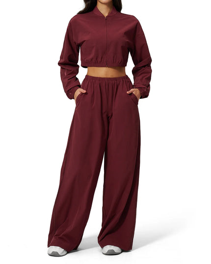 Women’s Two-Piece Set: Zipper Hooded Cropped Jacket and Wide-Leg Pants