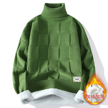 Men's Warm Fleece Turtleneck Sweater - Knitted, Loose Fit, Cozy Winter Pullover