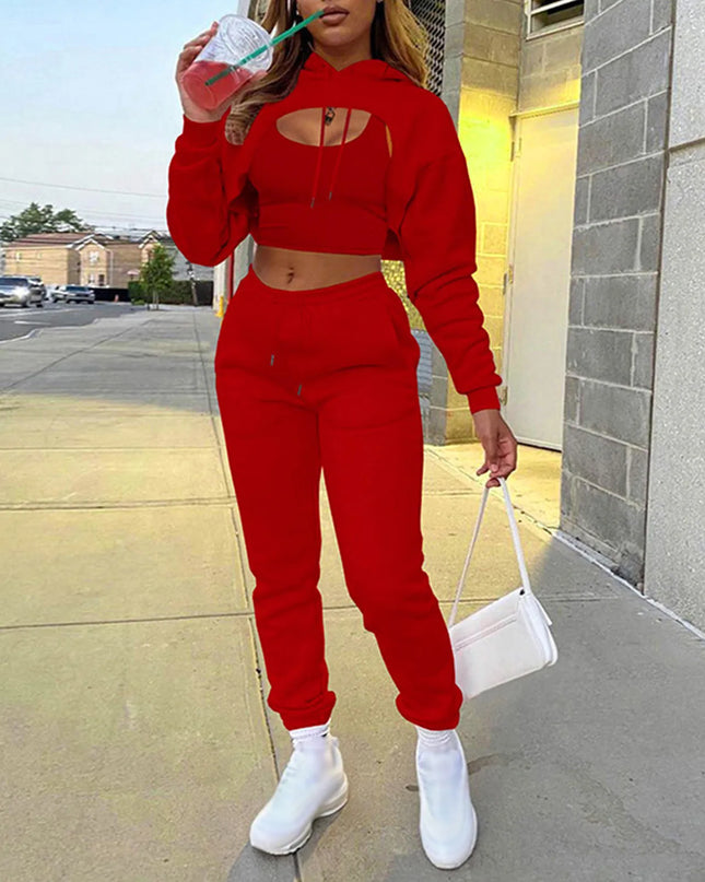 Women's Three-Piece Sweatshirt, Crop Top, and Drawstring Pants Set