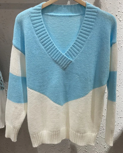 Women's Knitted Sweater with Color Panel and Cut-Out Neckline