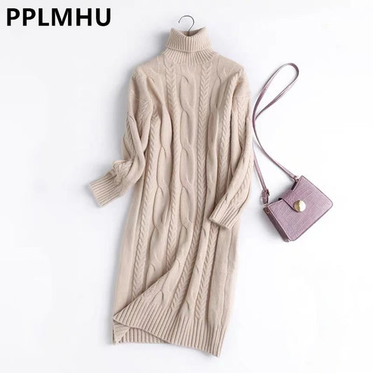 Women's Oversized Knitted Turtleneck Twist Sweater Dress