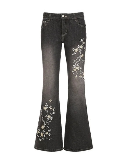 Women's Floral Embroidered Low Rise Flared Denim Jeans