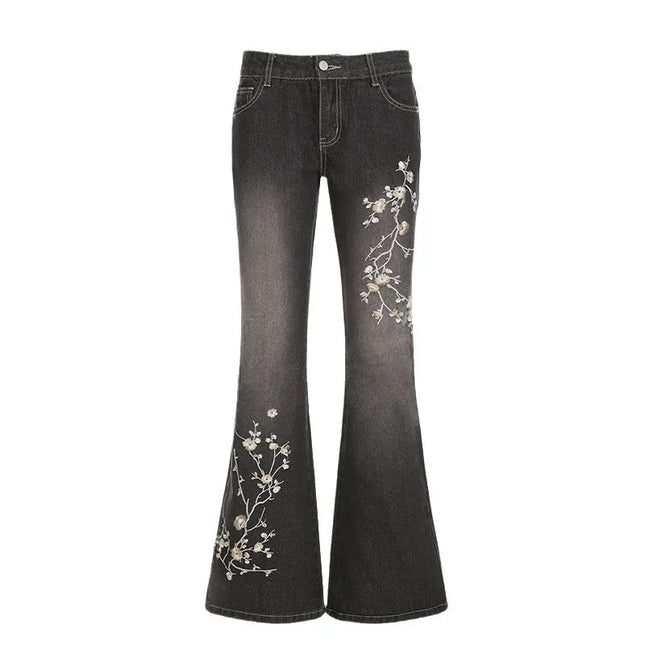 Women's Floral Embroidered Low Rise Flared Denim Jeans