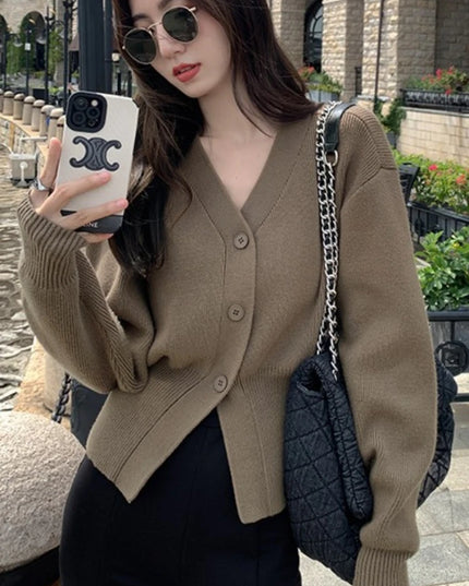 Women's Knitted V-Neck Cardigans with Slim Fit & Button Design
