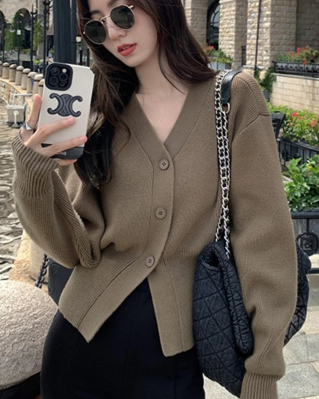 Women's Knitted V-Neck Cardigans with Slim Fit & Button Design