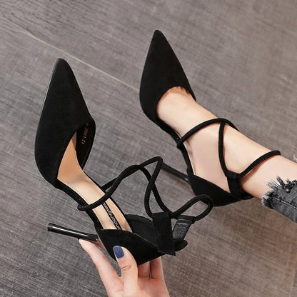Women's Suede High Heels Roman Sandals with Cross Strap & Buckle Closure