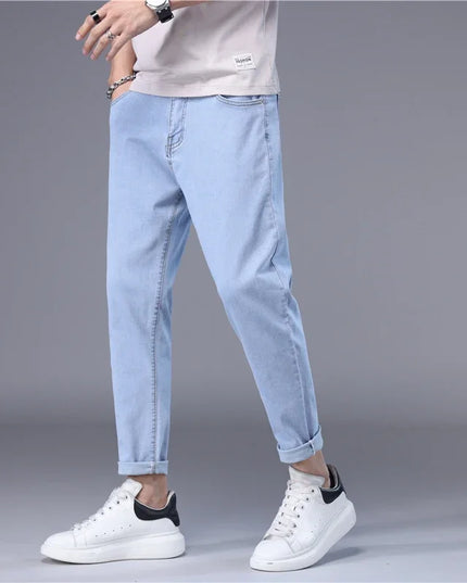Stylish Slim Fit Men's Korean Style Thin Jeans - Straight Foot Denim Cropped Pants for Men