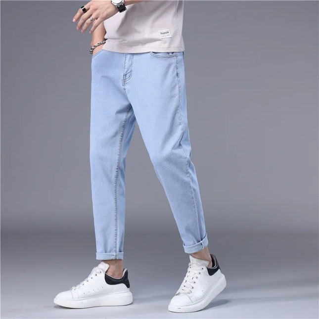 Stylish Slim Fit Men's Korean Style Thin Jeans - Straight Foot Denim Cropped Pants for Men