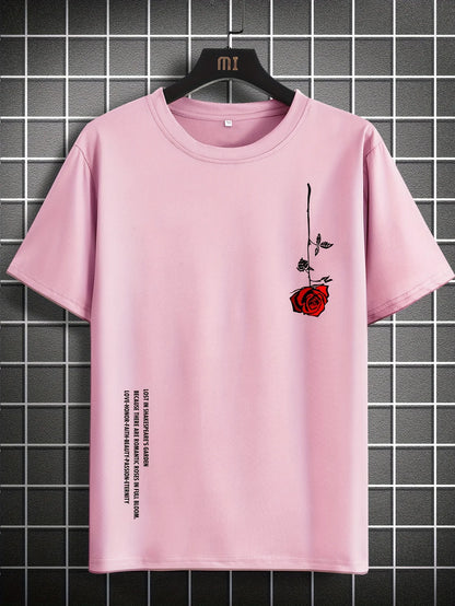 Men's Slim Fit Casual T-Shirt – 100% Cotton Rose Print Short Sleeve Round Neck Tee