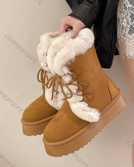 Women's Warm Fur-Lined Lace-Up Fluffy Plush Ankle Boots with Cotton Padding