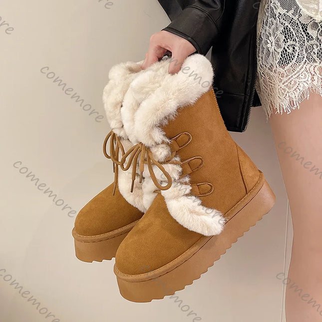 Women's Warm Fur-Lined Lace-Up Fluffy Plush Ankle Boots with Cotton Padding