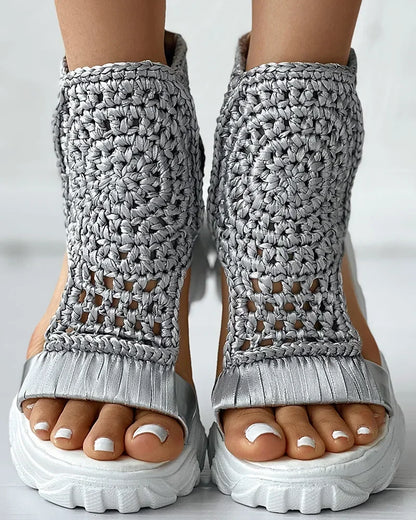 Gold Knitted Women's Sandals - Braided Elastic Mesh Flat Bottom Shoes